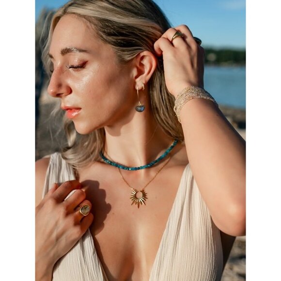 Blue Apatite Gemstone Necklace Gold Toggle Clasp Removable Baroque Pearl - Picture 8 of 12